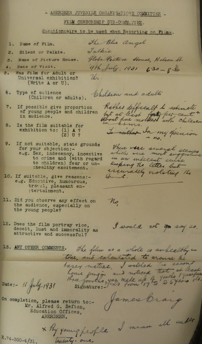 AbdnArtMuseums's tweet photo. The Aberdeen Education Authority were also involved in a review of film censorship in the early 1930s, - this form is assessing a screening of the classic Blue Angel (now rated PG) which the reviewer felt was unsuitable #ExploreYourArchive #archivetakeover #filmhistory https://t.co/rkeRscaeKU