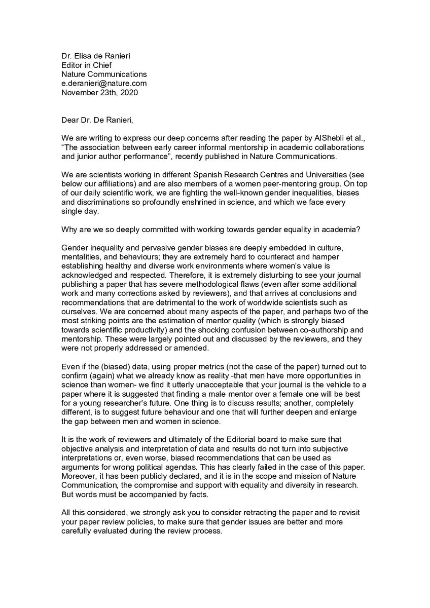 elenagomezdiaz's tweet photo. A group of #womeninSTEM from Spain, we have written a letter to the editor of @NatureComms about the AlShebli paper, which claims being mentored by women hurts young scientists' careers. Due to inappropriate analysis and erroneous and damaging conclusions, we request retraction https://t.co/lI6b1u0bvX