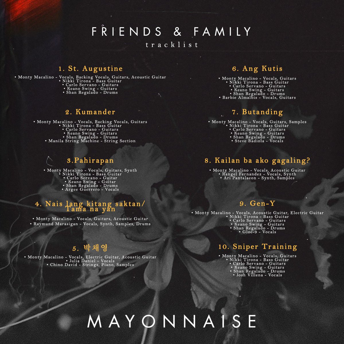 mayonnaisemusic's tweet photo. #friends8family #8thalbum #tracklist #staugustine #kumander #pahirapan #naislangkitangsaktan #tamanayan #박채영 #angkutis #butanding #kailanbaakogagaling #geny #snipertraining #november30 #11302020 #mayonna18e #yellowroomph https://t.co/ZYgW8fscNv