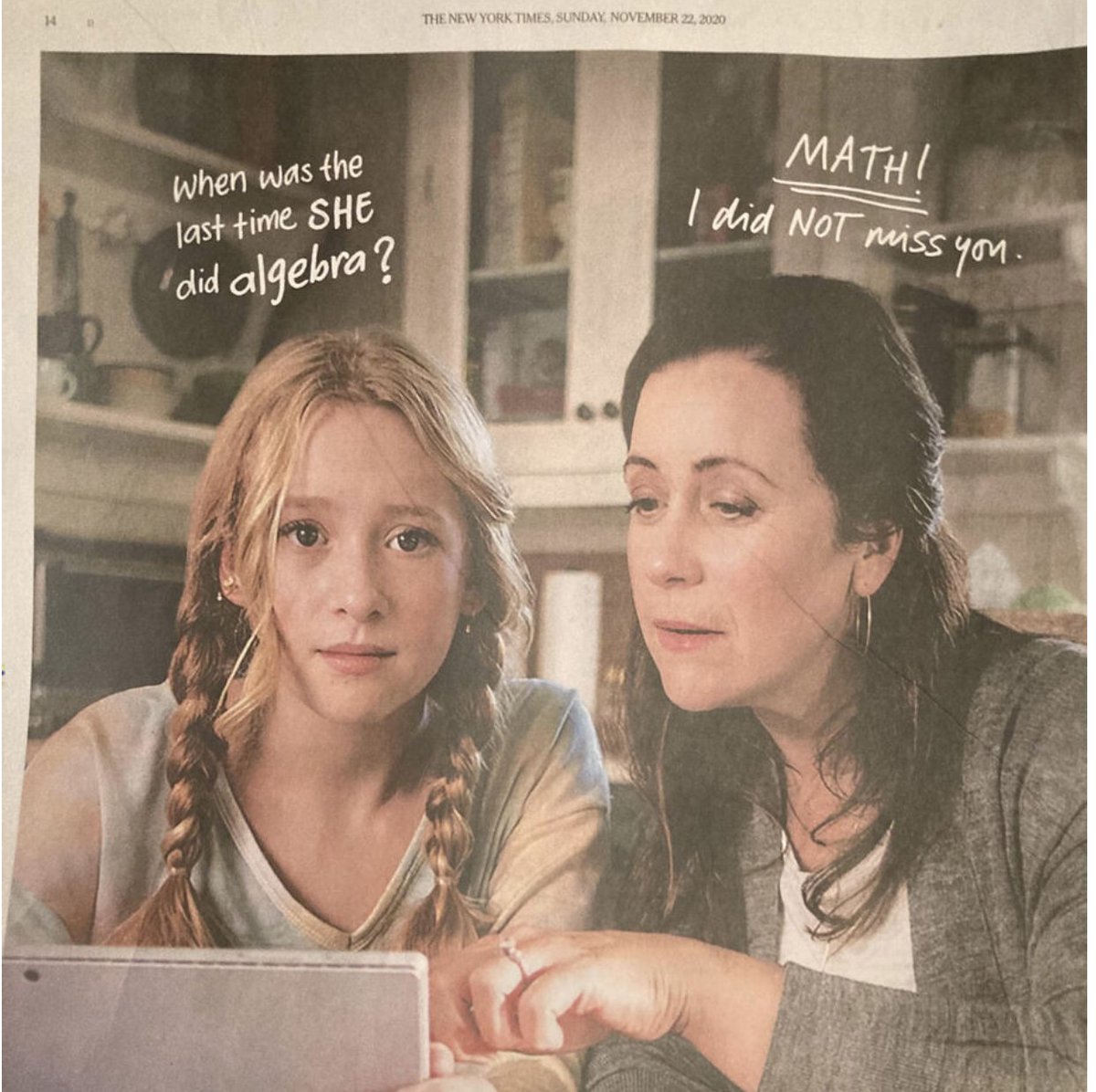 Laurie_Rubel's tweet photo. a thread about the @att ad in the @nytimes  (h/t to @averypickford). you can imagine the stage directions here, teenager is looking at us w eye roll &amp; plea for help strongly implied. mom is struggling to figure it out? or just to see? #iteachmath #mtbos #seeher #attdiversity https://t.co/psissB5WdY
