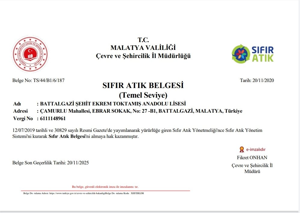 "Sıfır atık, Geleceğimize değer kattık" sloganıyla yola başladık. Sıfır atık belgemizi aldık. Emeği geçen tüm personelimize teşekkürler.👏👏👏
<a href="/MemBattalgazi/">Battalgazi İlçe Milli Eğitim Müdürlüğü</a> <a href="/KrtalMehmet/">Mehmet kartal</a> <a href="/MalatyaMem/">MALATYA İL MİLLİ EĞİTİM MÜDÜRLÜĞÜ</a> <a href="/alikacmazz44/">Ali Kaçmaz</a> @KanbayBattal pic.x.com/fEFsbnXCle