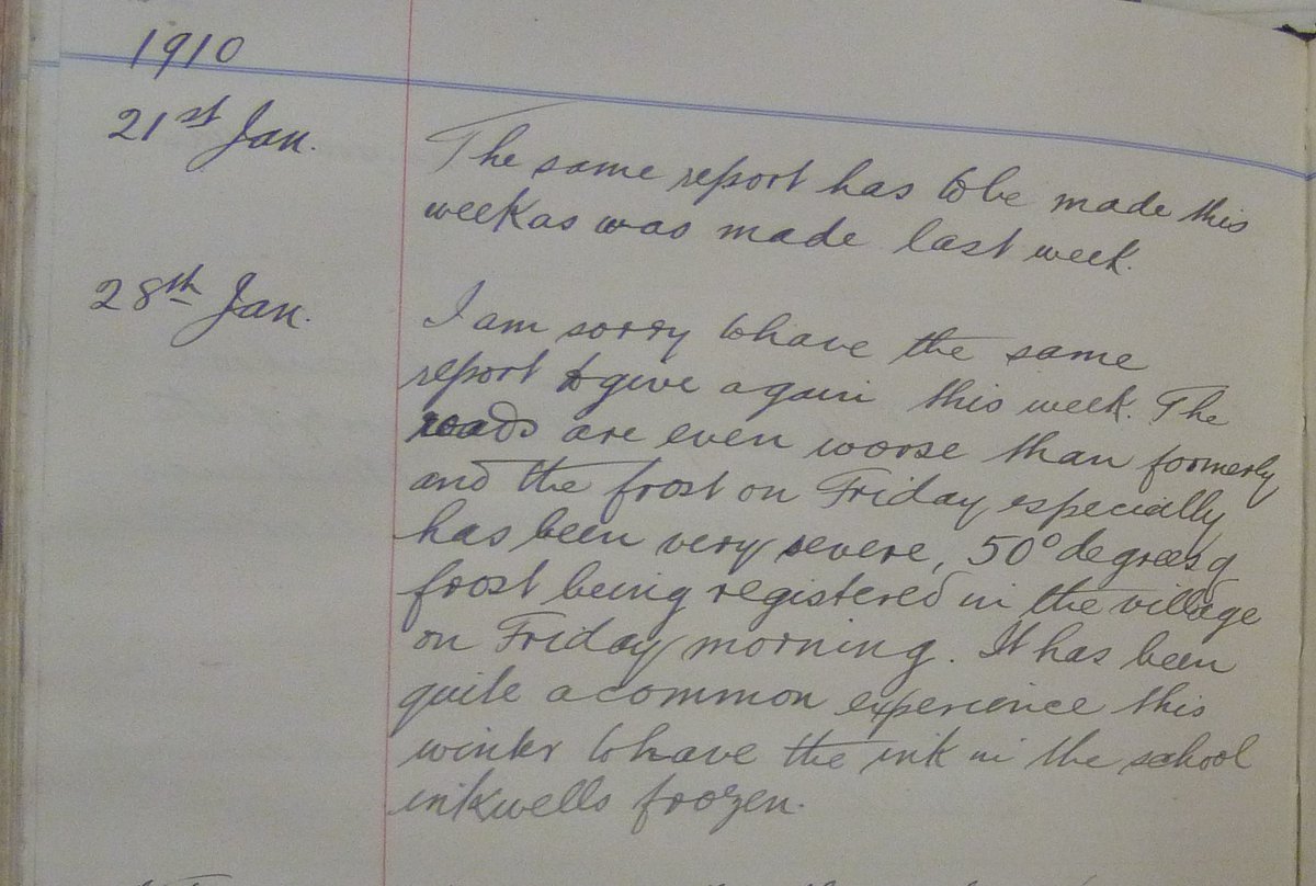 AbdnArtMuseums's tweet photo. Our final log book entry from @AbdnArchives today is from Braemar School in @Aberdeenshire, where the ink froze in the inkwells during a cold winter in 1910. The teacher states that the temp was 50 degrees of frost, we think this = -27°C 🥶#ExploreYourArchive #archivetakeover https://t.co/i0iC8qVOIO