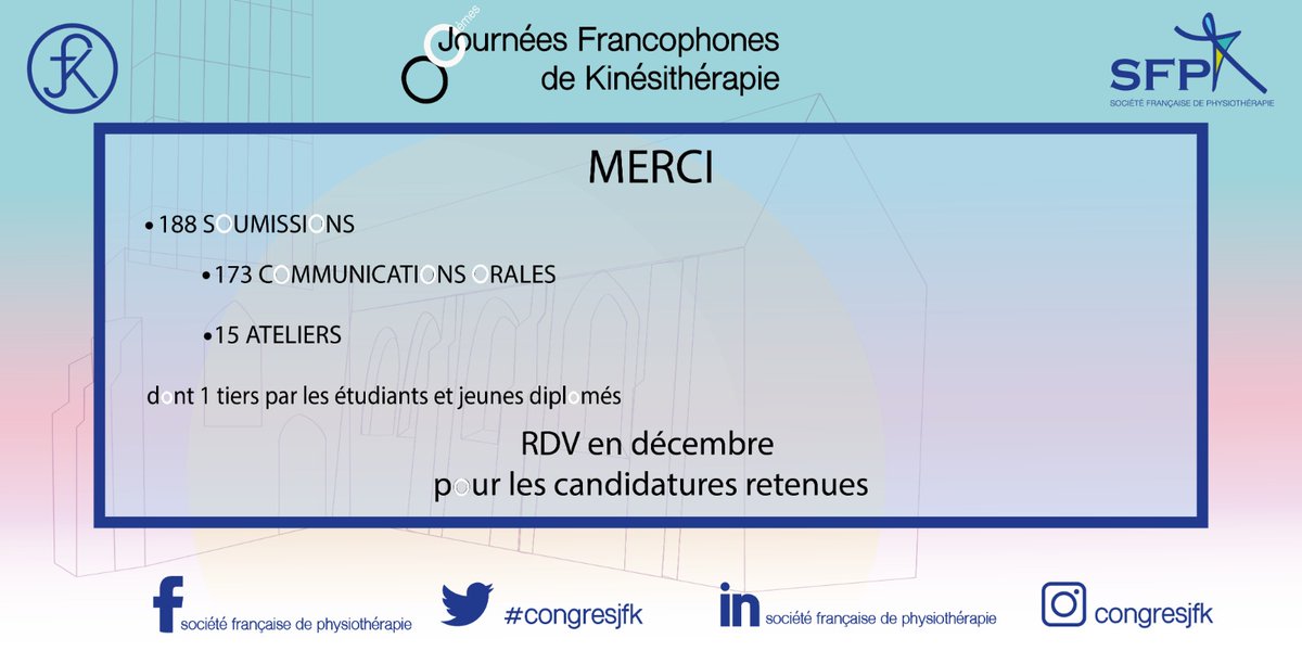 congresjfk's tweet photo. 🤩Bravo et merci à tous les participants pour leurs abstracts !🤩👏🏻

Au total 188 soumissions : 173 communications orales et 15 ateliers👩🏻‍💻 Dont 1/3 d'étudiants et jeunes DE🧑🏼‍🎓

Rdv fin décembre❄️Le père Noël aurait la liste des candidatures dans sa hotte🎅🎁
#CongresJFK  #SFPhysio https://t.co/NTtKD397kr