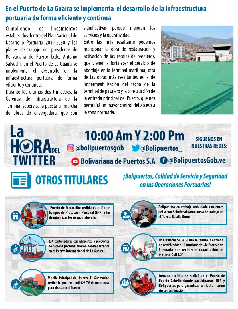 Bolipuertos__ve's tweet photo. #FelizLunes 🚢 Observa Lo ➕ Leído de las actividades destacadas de la semana 🔝 Nada nos detiene ¡Seguimos Avanzando! #23Nov #BolipuertosInforma #LunesProductivo @MPPTransporte @Mippcivzla https://t.co/oRakhEryZh