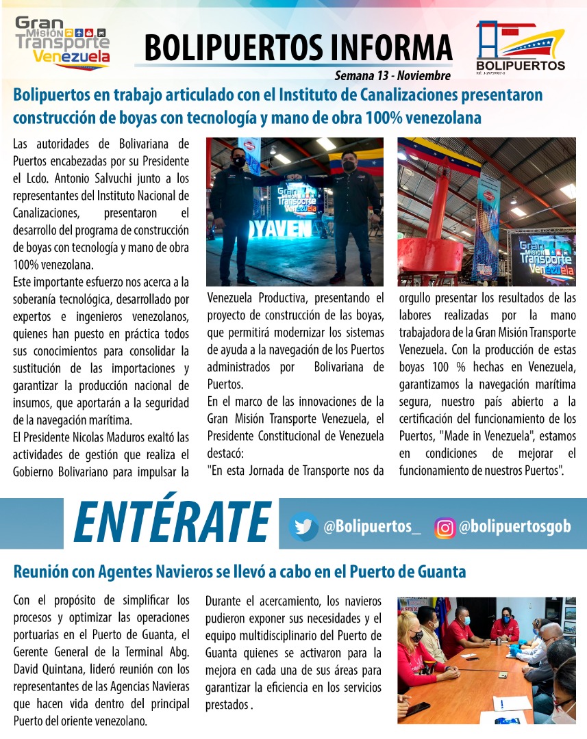 Bolipuertos__ve's tweet photo. #FelizLunes 🚢 Observa Lo ➕ Leído de las actividades destacadas de la semana 🔝 Nada nos detiene ¡Seguimos Avanzando! #23Nov #BolipuertosInforma #LunesProductivo @MPPTransporte @Mippcivzla https://t.co/oRakhEryZh