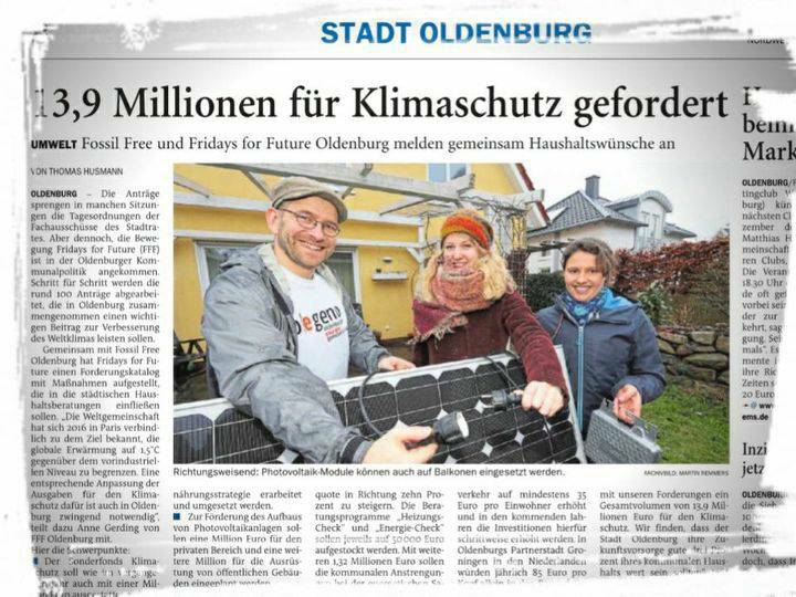 Wir freuen uns natürlich, zum Symbolbild für Balkon-Photovoltaik geworden zu sein, aber mal ehrlich: Ehre, wem Ehre gebührt, <a href="/F4F_Oldenburg/">Fridays For Future Oldenburg #EndFossilFuels</a> Fossil Free Oldenburg
