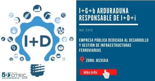 OTEIC's tweet photo. OPORTUNIDAD PROFESIONAL: Seleccionamos Responsable de I+D+i para empresa pública dedicada al desarrollo y gestión de infraestructuras ferroviarias.
Pulsa aquí para más info.-->> https://t.co/t0dsfrM7U7

#Selección #Empleo #Euskadi #Innovación https://t.co/MEWzn01DWy