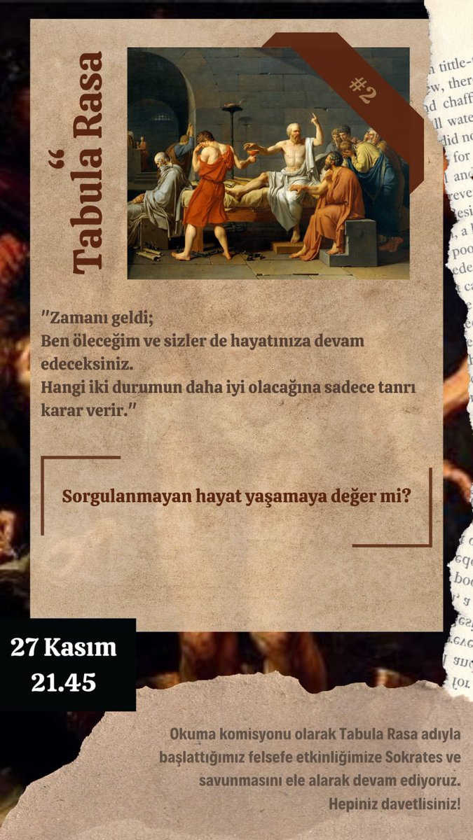 Bu cuma Okuma Komisyonu olarak Tabula Rasa adıyla felsefe tarihine genel bir bakış attığımız serimize devam ediyoruz. Konuşacağımız, sorgulayacağımız bu etkinliğe sizleri de bekleriz 📚
