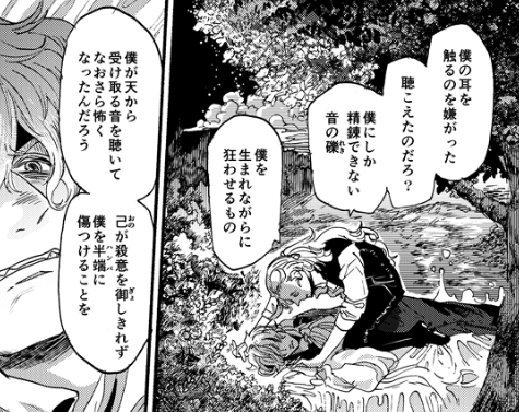 「バタチャン後」TIPSその4
バタチャン後編は終始、㋐の作成した陣地である演奏会場、地中海性気候の草原の書割の中。㋐の心象風景ともリンクしている。㋐が降らせているのは、?の耳に突っ込んだ指を使って魔術で?の視覚をジャックする形で自分が受け取る音楽の元になる音を視覚化したもの。 