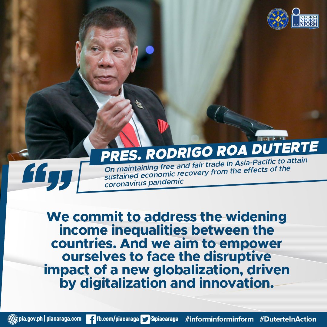 PIADesk's tweet photo. Statement of Pres. Rodrigo Roa Duterte on maintaining free and fair trade in Asia-Pacific to attain sustained economic recovery from the effects of the coronavirus pandemic during the 27th APEC Economic Leaders' Meeting.
#InformInformInform #APEC2020 https://t.co/20l95hlO4w