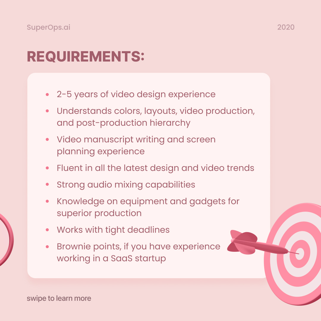Superops_com's tweet image. Hiring alert! 

We&apos;re looking for a video designer to join our team to help us create animation and live video content. 

Send your resume to us with a link to your portfolio. Know someone who fits the bill, tag them. 

RT please?

#hiringalert #videodesigner