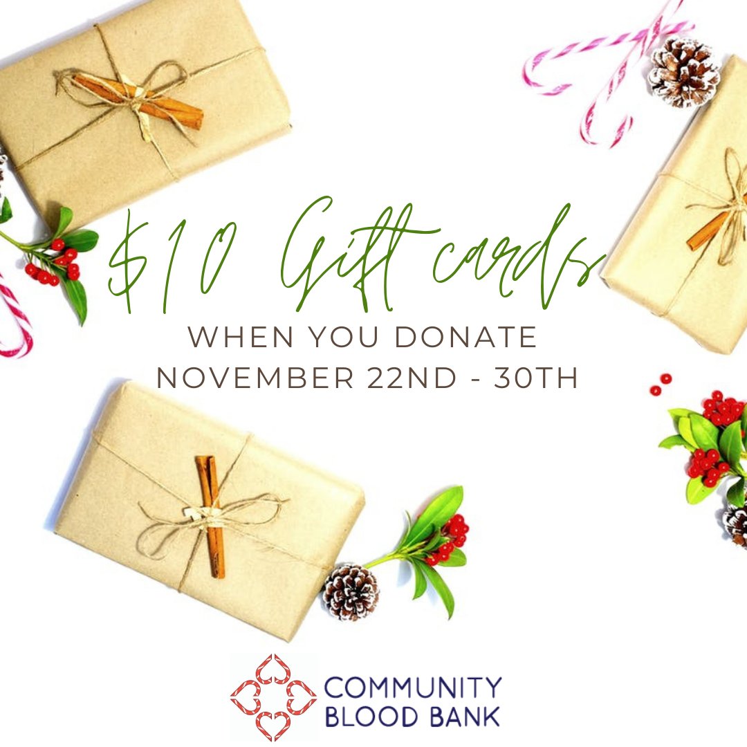 OurDonorsSave's tweet photo. Give a little, get a little this holiday season when you donate blood at the Community Blood Bank! Get a $10 gift card when you donate blood at the Erie Donor Center or any of our mobile blood drives. Visit https://t.co/lrrWY7iMi5 to find a blood drive near you. https://t.co/5D1eSqXRrI