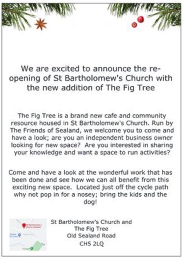 Opening Event! Pop along to the newly refurbed St Bartholomew’s Church; now hosting The Fig Tree; a new exciting community resource for all to use!  We’re looking for volunteers and local businesses to support and use this great resource!  #sealand #chester
