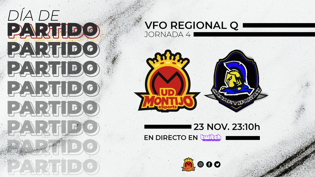 ⚽️ 𝔻𝕀𝔸 𝔻𝔼 ℙ𝔸ℝ𝕋𝕀𝔻𝕆 ⚽️
🏆 <a href="/VFOspain/">VFO España</a> - <a href="/VFOspain_ps/">VFOspain PS</a>
📌 Regional Q | Jornada 4

🆚 <a href="/CanarySpartans/">Canary Spartans</a> 
 
🗓️ Lunes 23 de noviembre
⏰ 23:10h
📺 Directo en twitch.tv/udmesports

#WeAreBack | #UDMClubesPro