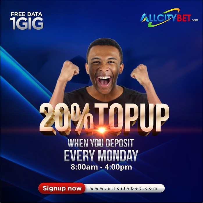 ALLCITYBET1's tweet photo. 20% Additional topup when you deposit in your betting wallet every monday.

Sign in to https://t.co/DNyVjyvucL 

#topup
#Monday
#Mondaypromo https://t.co/QNlq9DgjYf