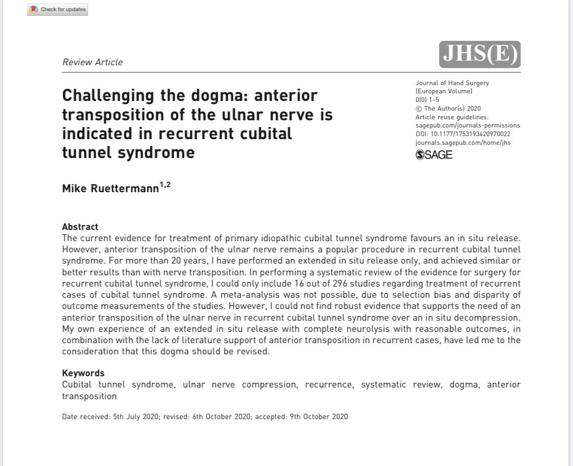 RupWharton's tweet photo. Prior to some recent primary procedures, we thought this was a useful narrative update on revision cubital tunnel surgery. Evidence for transposition in absence of overt nerve instability, and for medial epicondylectomy remains unconvincing. #cubitaltunnel #nervedecompression https://t.co/LRiLGueTJ0