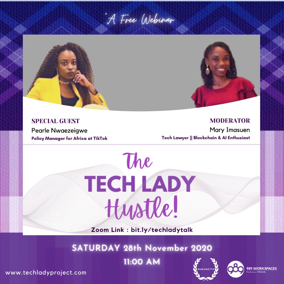 TechLady_'s tweet photo. Join us this Saturday 28th November 2020, from 11:00 AM for a chat on how more women can thrive in the tech industry.

@mary_imasuen 

cc:
@989COWORKING @Nubianette_ 

#Techladyproject #womenintech 

Register: https://t.co/HUX23xv2ys https://t.co/uZYMLLmQwF