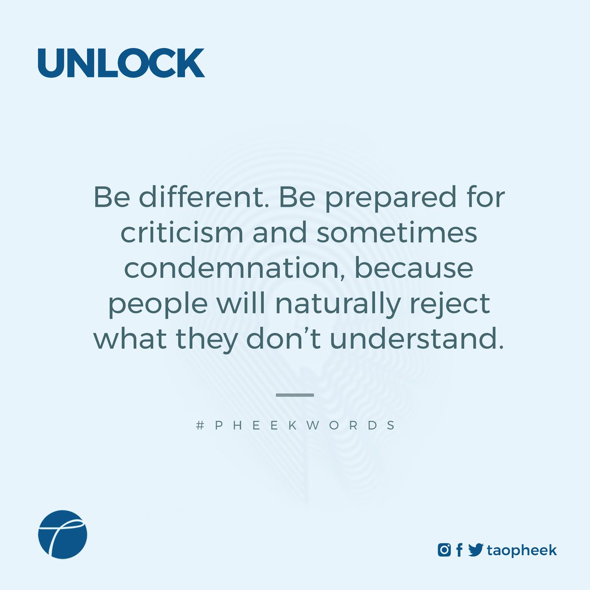 TAOPHEEK's tweet photo. This week, I am going to share my #Pheeksolophy on Self-Differentiation. 

#SelfDifferentiation - 1

“Be different. Be prepared for criticism and sometimes condemnation, because people will naturally reject what they don’t understand.” - #PheekWords 
#mondaymotivation https://t.co/PxMacIiVL0
