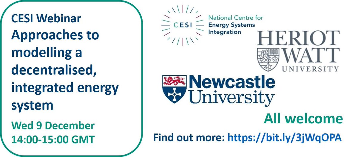 CESIenergy's tweet photo. Our next webinar is Approaches to modelling a decentralised integrated energy system on Wed 9 Dec. Chaired by Dr David Jenkins @HWUrbanEnergy. Talks by Dr Merlinda Andoni, Dr Valentin Robu @HeriotWattUni &amp; Natalia Zografou-Barredo @UniofNewcastle. Sign up https://t.co/2i9JcnFwmE https://t.co/ZmfKxQCYMj