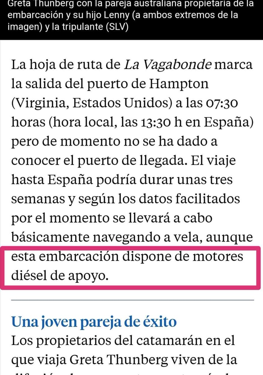 ⛔ BULO de <a href="/el_pais/">EL PAÍS</a>. "El viento... han obligado a la capitana de La Vagabonde a arriar las velas y encender los motores impulsados por agua y sol del catamarán en el que viaja Greta Thumberg".

❌ FALSO: La embarcación se ha impulsado gracias a sus motores diésel de apoyo.