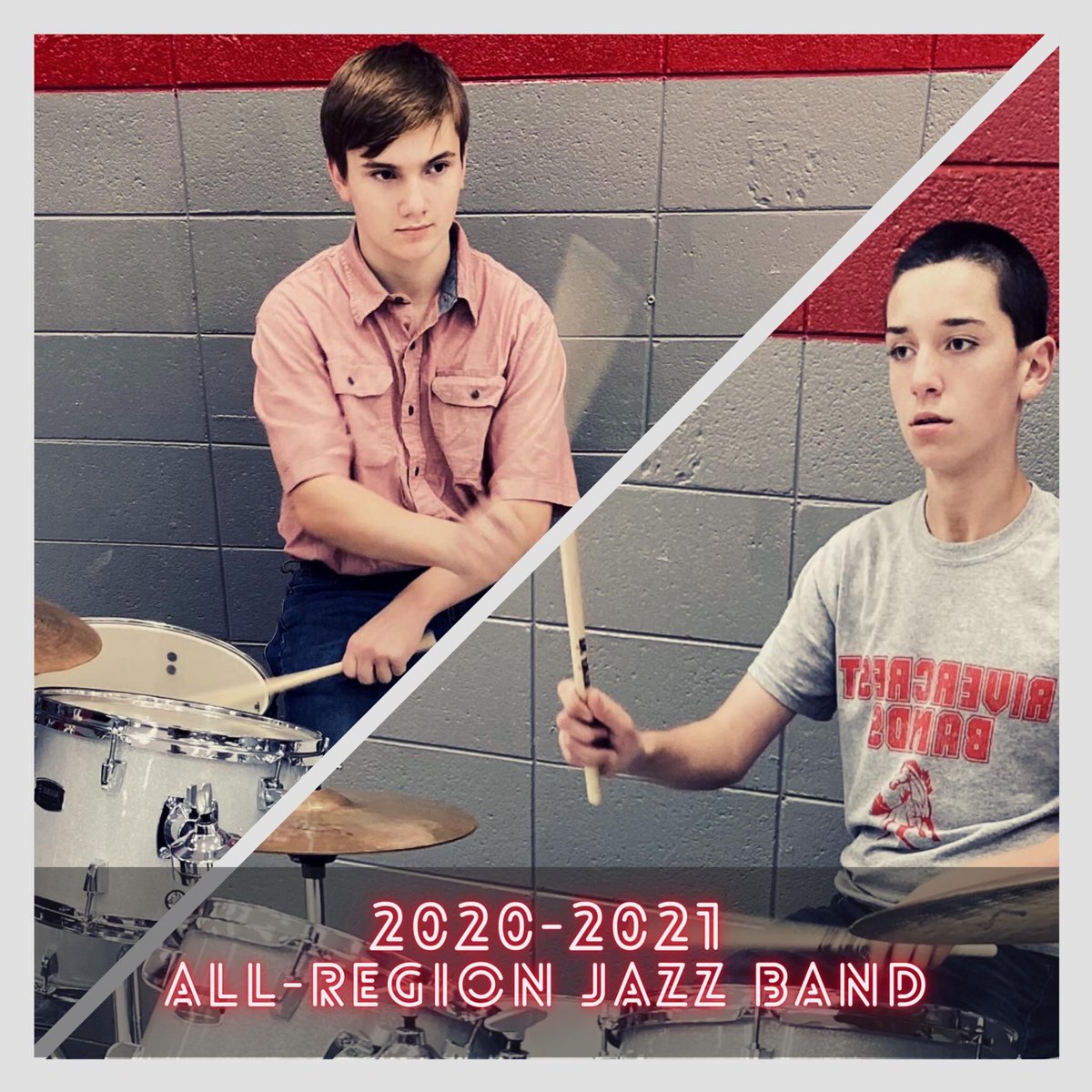 RivercrestSD's tweet photo. Congratulations to William Beckett (1st Band 1st Chair - Drum Set) and Elijah Wynne (1st Band 2nd Chair - Drum Set) on their selection to the 2020-2021 ASBOA Region V Jr. High Jazz Band! These students were selected after a blind virtual audition last week. #WeAreRivercrest https://t.co/Z1fbO8I1wW