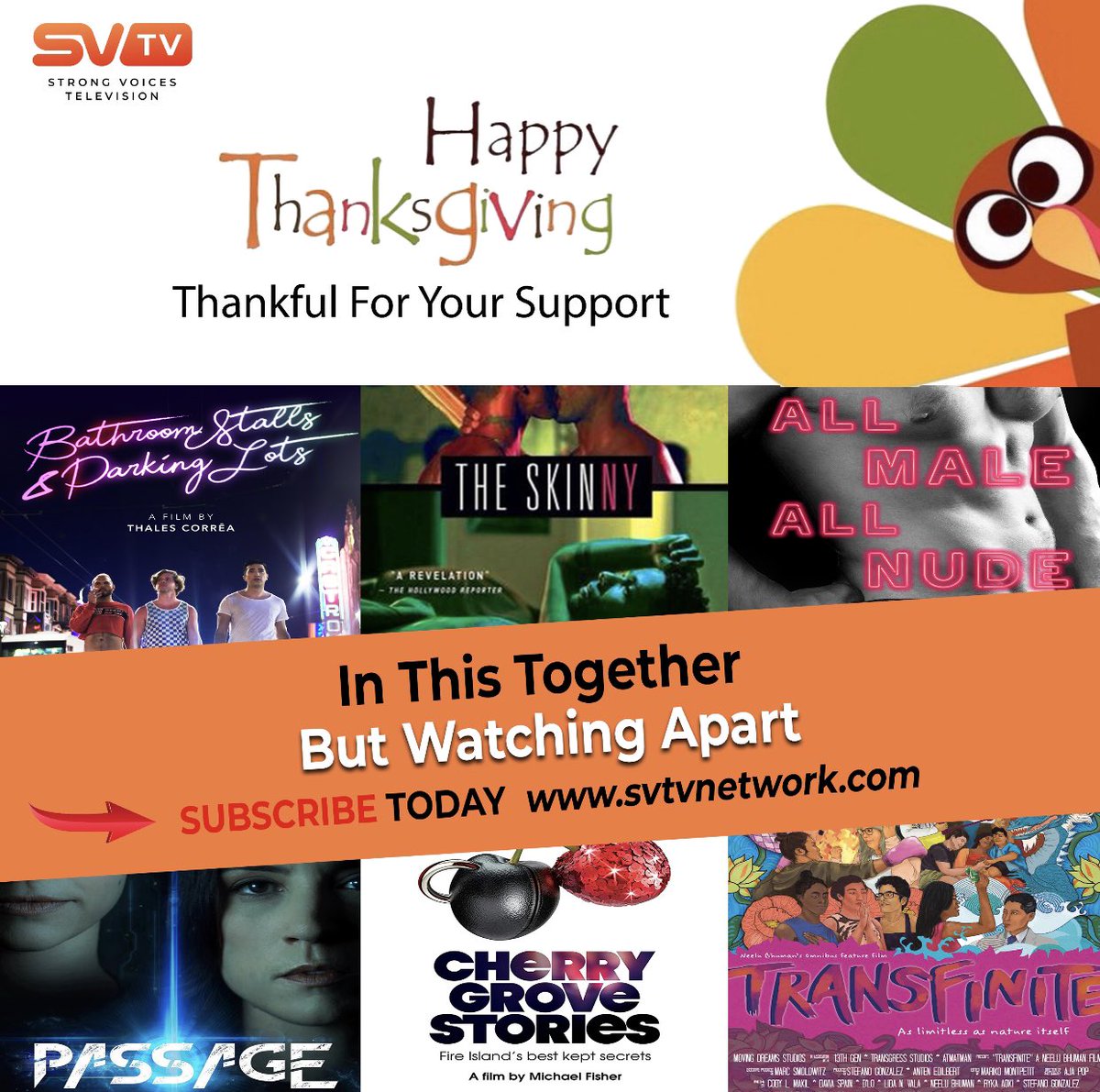 SVTVNetwork's tweet photo. It’s the week of Thanksgiving, and the SVTV Network is thankful for you all 🙏🏽
🚨New Movie Alert 🚨 #transfinite #theskinny #cherrygrovestories #bathroomstallsandparkinglots #allmaleallnude #passage
#svtvnetwork #strongvoices #thanksgiving #lgbt #lgbtq #streamingnow https://t.co/CneozBlAAB