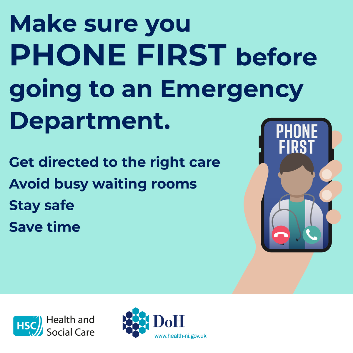From Monday 30th November, we are asking you to phone 📞 first if you are planning to attend our Emergency Departments or Minor Injury Unit with an urgent but not life threatening injury or illness.
For more info about this important change to services ➡️
bit.ly/35SUdW9