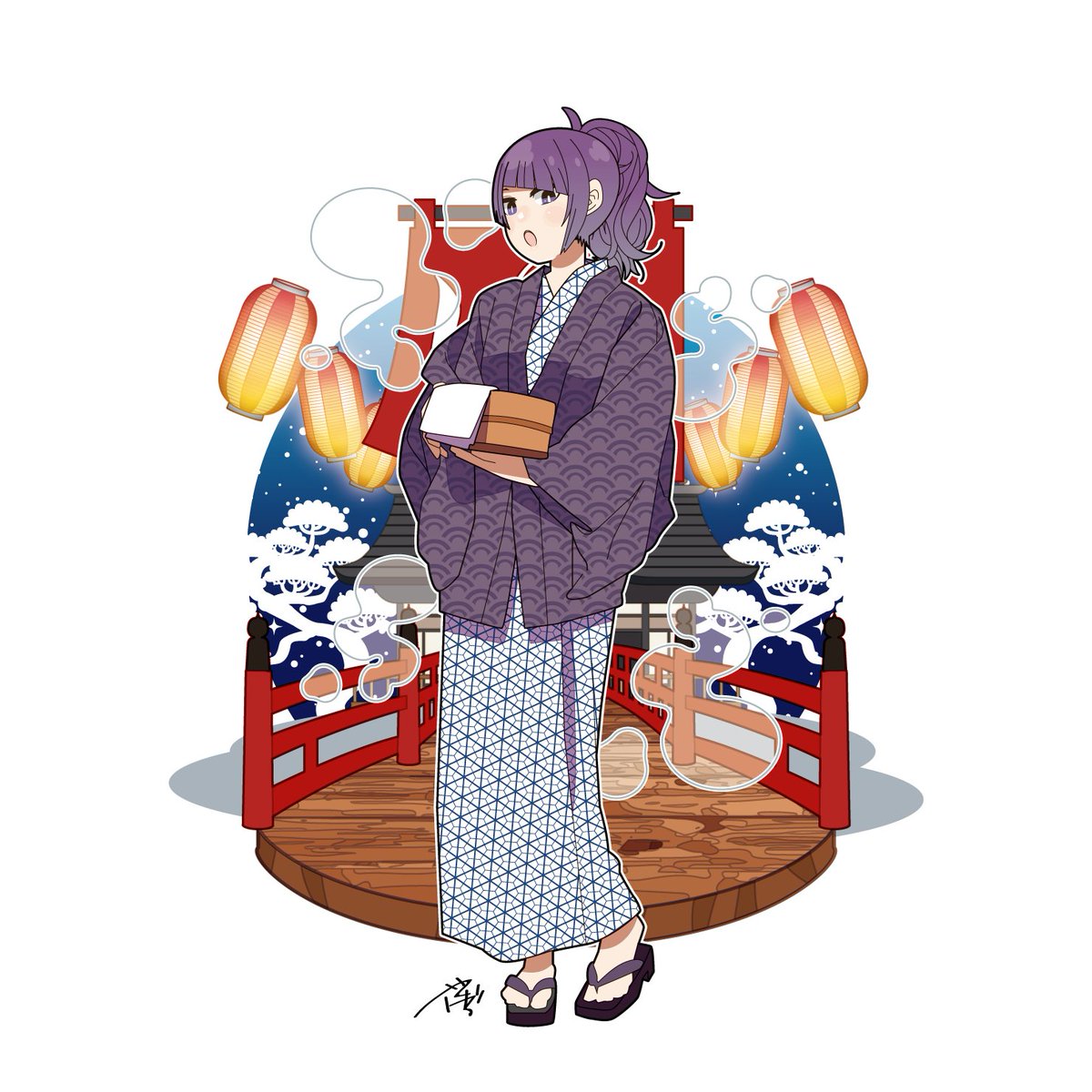 tanaka mamimi 1girl diagonal bangs purple hair kimono solo japanese clothes purple eyes  illustration images