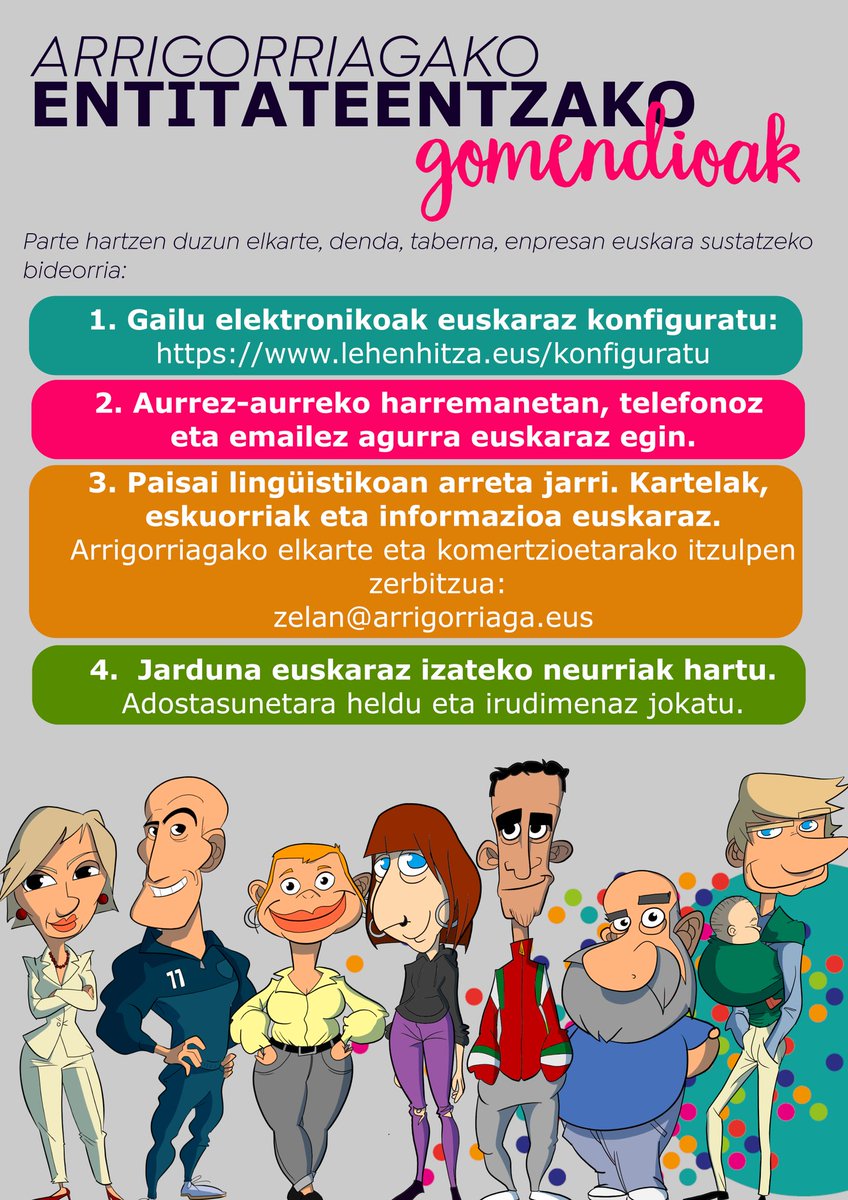 kartelak edo testu laburrak euskaratzeko udal zerbitzua:.
💻zelan@arrigorriaga.eus 

Baldintzak:
🟣establezimendu, elkarte zein enpresentzat
🟢zuzenketak (5 orri, zabalkunde publikokoak) eta itzulpenak ( gaztelaniatik euskarara, 3 orri)
🟡Informatu zaitez!