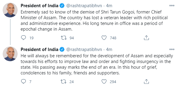 ndtv's tweet photo. "He will always be remembered for the development of Assam and especially towards his efforts to improve law and order and fighting insurgency in the state. His passing away marks the end of an era": President Ramnath Kovind mourns former Assam CM #TarunGogoi's death https://t.co/U30EeIUEN1