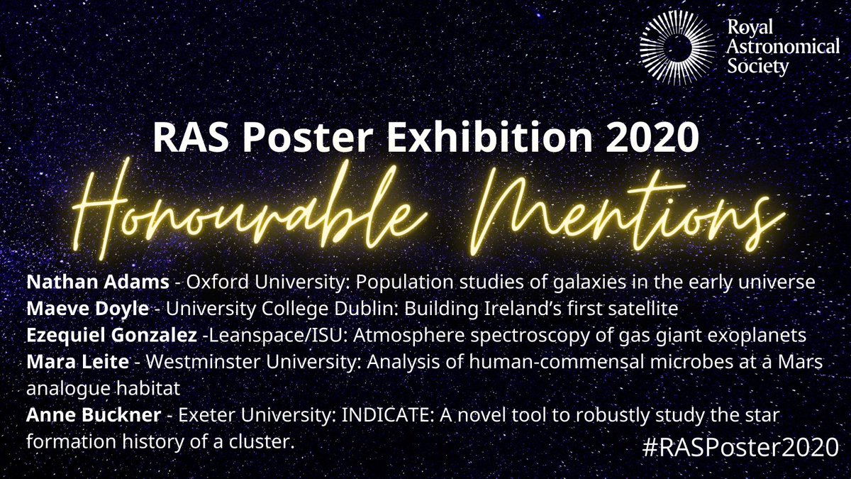 RoyalAstroSoc's tweet photo. Huge congratulations to all of our winners! With so many posters to choose from our team of 20 judges definitely had their work cut out! They also wanted to extend honourable mentions to a further five people. Many congratulations to winners and runners-up alike! #RASposter2020 https://t.co/52038Nh9FW