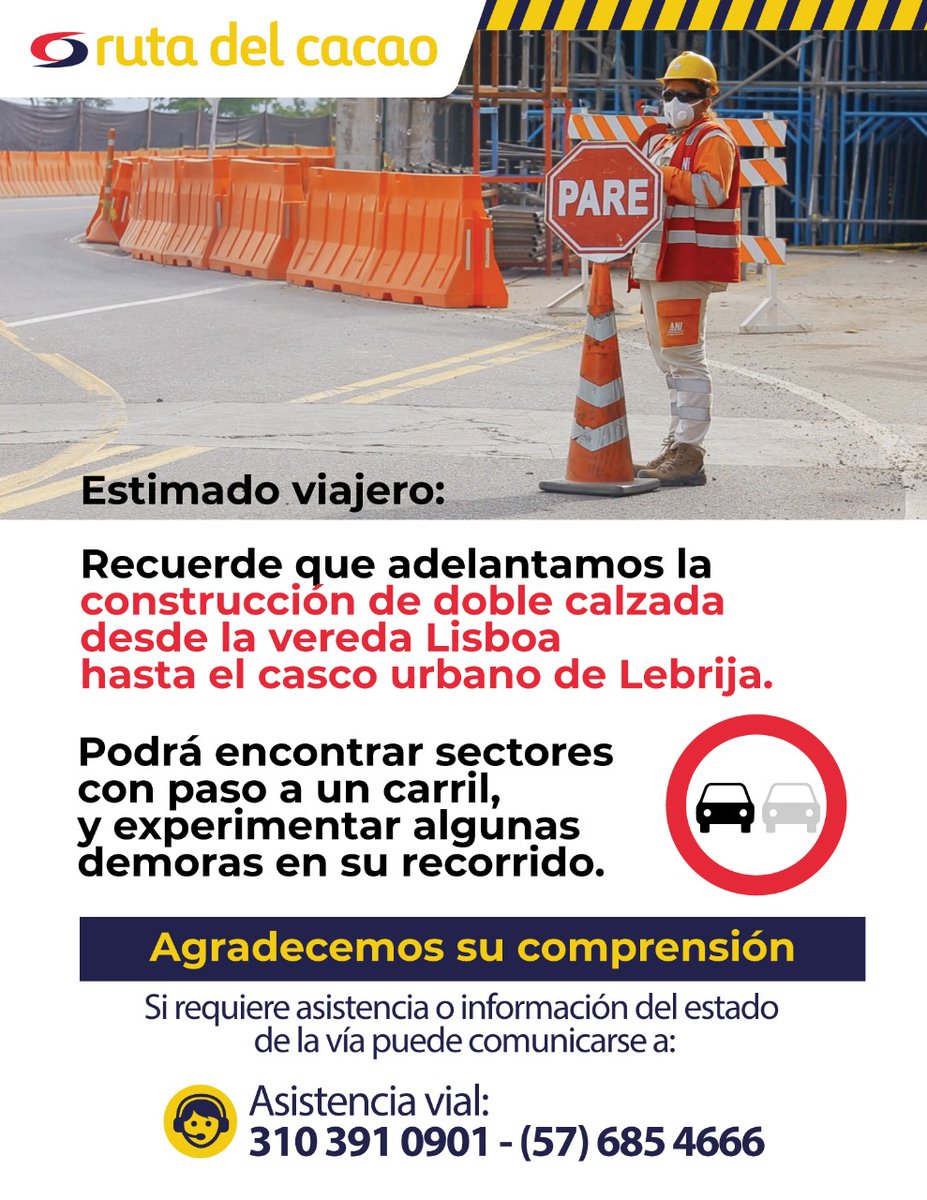 CRutadelCacao's tweet photo. Estimado viajero: Si requiere asistencia o información del estado de la vía, recuerde que puede comunicarse a las líneas (57)6854666 - 3103910901. https://t.co/h4HlAYHMpe