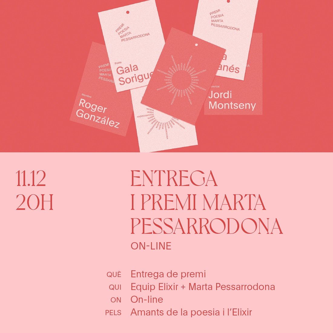 ElixirPoetic's tweet photo. ENTREGA PREMI POESIA MARTA PESSARRODONA (11/12 - 20hon-line, GRATUÏT - link al bio pròximament)
Jurat: @AngelsGregori, @andgomila, Jordi Julià
💻: @bakoom_studio
#elixirpoetic #festivalelixir #elixir2020 #josocelixir #poetry #festival #poesia #poetrylovers #martapessarrodona https://t.co/6apevHeNiy