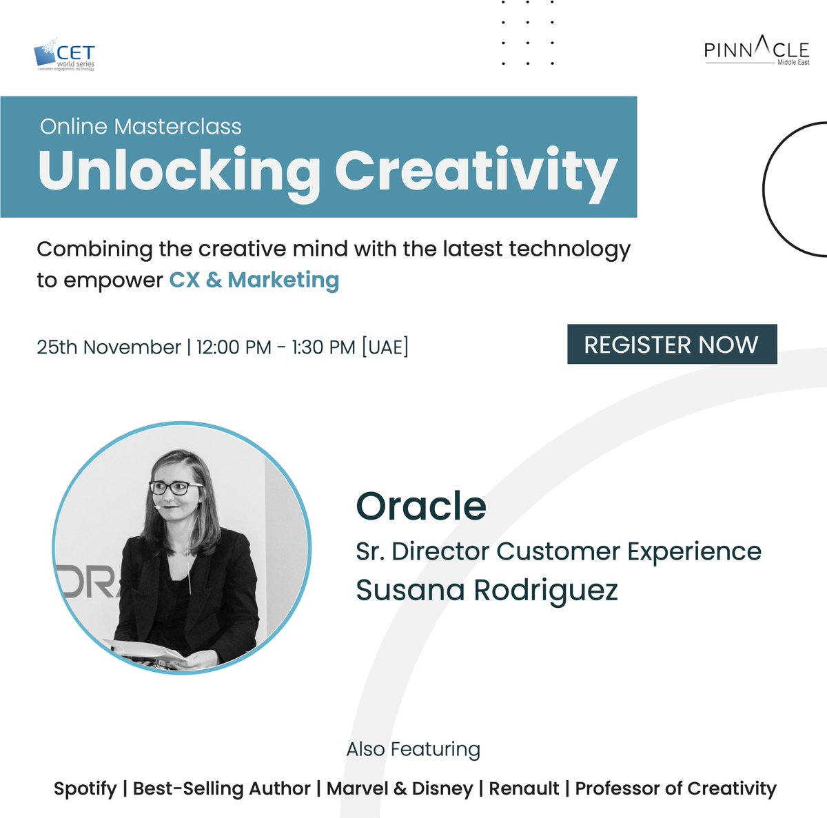 #RegisterNow at the link below to hear from Susana Rodriguez, Sr Director of Customer Experience at Oracle who will be sharing insight on the creative use of data towards effective marketing.

To register follow the link: pinnaclemiddleeast.com/unlocking-crea…