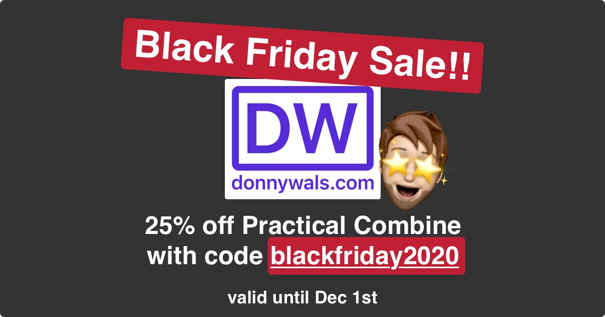 DonnyWals's tweet photo. I just opened my Black Friday sale for Practical Combine! Get 25% off with discount code blackfriday2020: https://t.co/FCafJZn0N5

Discount is valid for a week (until Dec 1st) https://t.co/Kos3kDGk0R