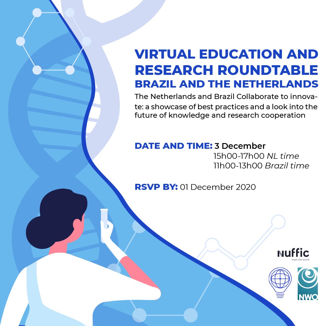 Join our Virtual Education &amp; Research Round Table Brazil - Netherlands, showcasing best practises in collaboration. A joint initiative with <a href="/NWONieuws/">NWO Nieuws</a> <a href="/NesoBrazil/">Nuffic Neso Brazil</a> <a href="/Nuffic/">Nuffic</a>. nwo.nl/en/meetings/vi… <a href="/AgenciaFAPESP/">Agência FAPESP</a> <a href="/deVSNU/">VSNU (nu Universiteiten van Nederland)</a> <a href="/IAnetwerk/">Netherlands Innovation Network</a> <a href="/EuraxessBrasil/">Euraxess Brasil</a> @ENRICH_Brazil <a href="/PostdocNL/">PostdocNL</a> <a href="/hetpnn/">Promovendi Netwerk Nederland (PNN)</a>