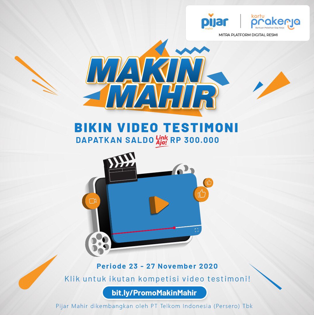 Pijarmahir's tweet photo. Sobat Mahir, ikutan bikin video testimoni yuk!
Kamu juga bisa dapatin saldo LinkAja Rp. 300.000 Loh!
Yuk, simak tweet ini dengan baik untuk tau cara ikutan Video Testimoni!
#PijarMahir #MakinMahir #VideoTestimoni https://t.co/fX9J0UEf8B