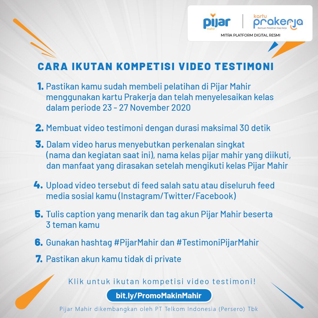 Pijarmahir's tweet photo. Akan ada 18 pemenang video testimoni yang paling kreatif setiap minggunya.
Periode ini berlaku pada 23-27 November 2020 dan akan diumumkan pada 28 November 2020 di Media Sosial Pijar Mahir.
Yuk, klik https://t.co/NrNjku4hyZ untuk ikutan!
#PijarMahir #MakinMahir #VideoTestimoni https://t.co/4tkGuQUbE2