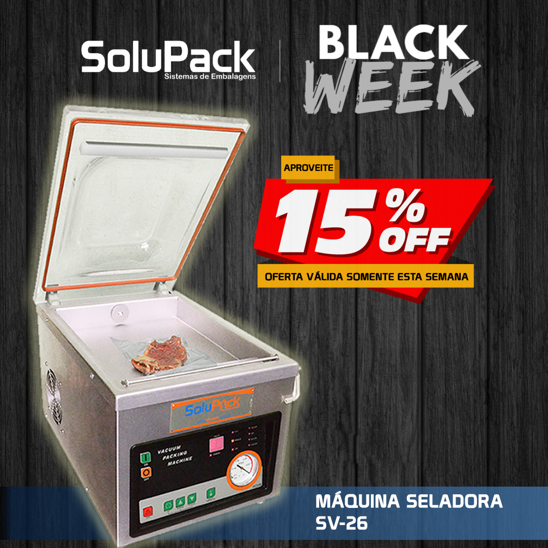 Solupack's tweet photo. A BLACK WEEK COMEÇOU!! 

Somente esta semana, nossa máquina seladora SV-26 está com 15% de desconto.

Seladora a vácuo, desenvolvida pela Solupack para atender a sua necessidade.

Entre em contato conosco e saiba mais. https://t.co/DPILXzYqM5