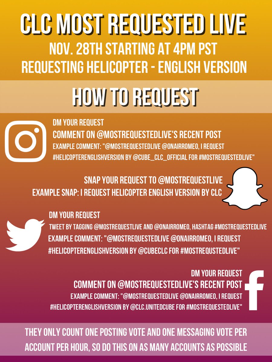 StreamsForCLC's tweet photo. How to request Helicopter - English Version on Most Requested Live: a thread

(On November 28th)
@CUBECLC #CLC  #씨엘씨  

this guide can also be found on https://t.co/qM4IZt1Agt https://t.co/R0foQiHR9B