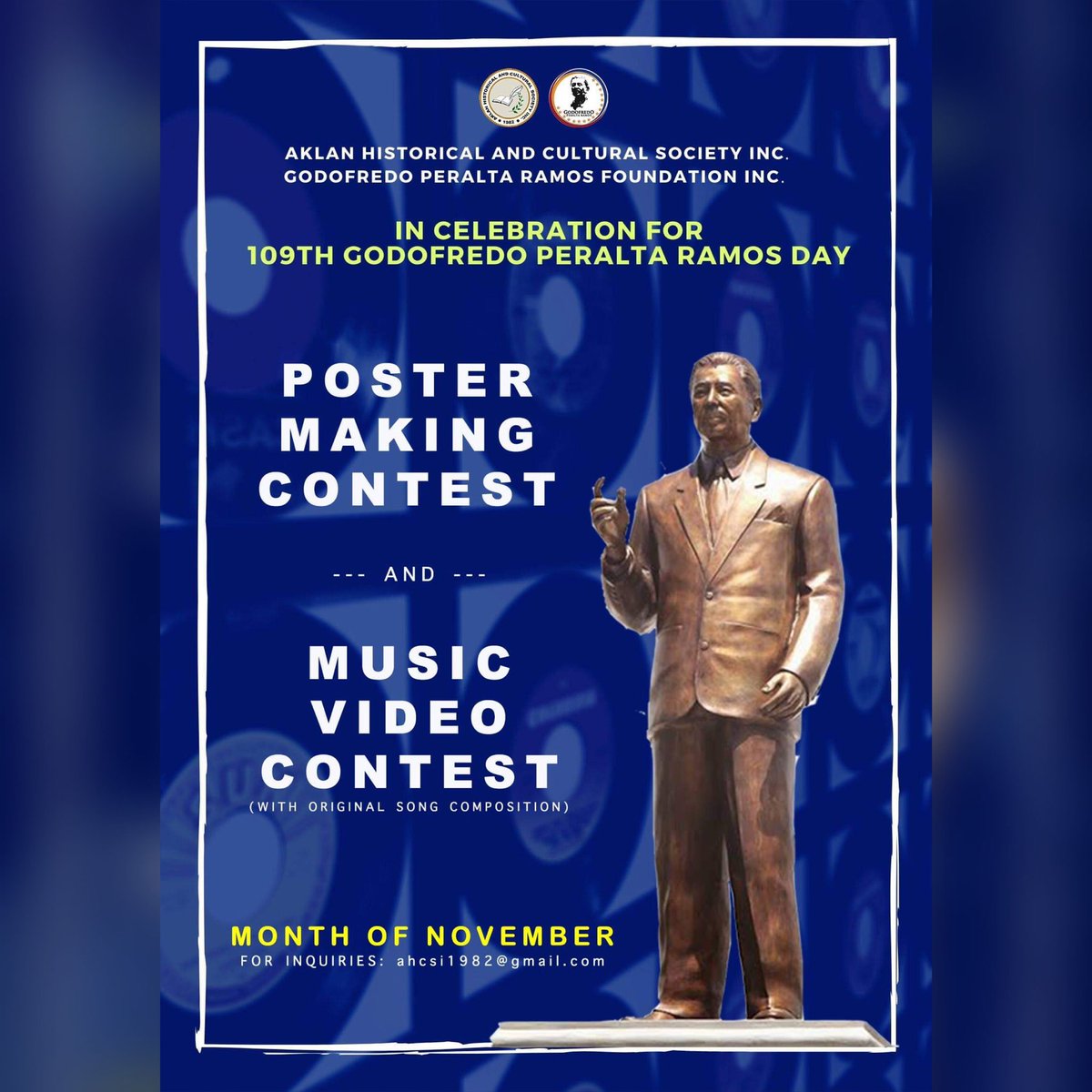 ahcsi1982's tweet photo. JOIN OUR POSTER MAKING &amp; MUSIC VIDEO CONTESTS

In celebration for the 109th Godofredo Peralta Ramos Day brought to you by the Aklan Historical and Cultural Society Inc. and Godofredo Peralta Ramos Foundation Inc.

Kindly check the posters for contest mechanics. https://t.co/Ejfup3vHHj