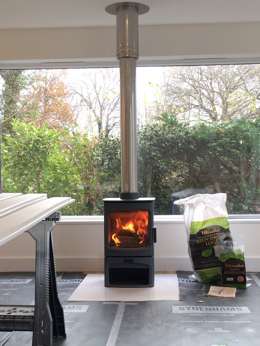 This <a href="/CharnwoodStoves/">Charnwood</a> Aire 5 on a store stand with <a href="/vlazesurface/">VLAZE</a> hearth plate and <a href="/specflue/">Specflue</a> chimney system is nearing completion today in #gurnard #IsleofWight
