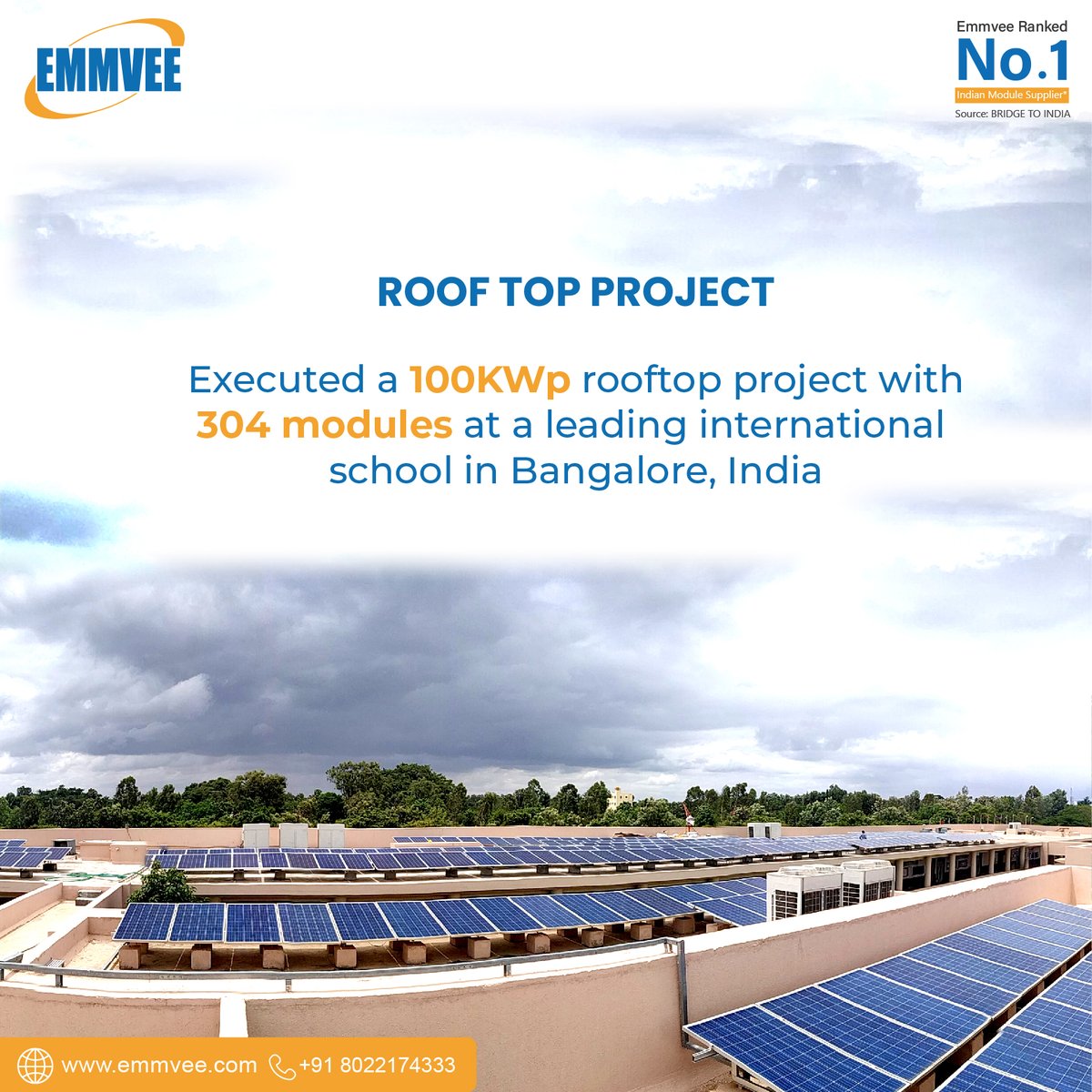 Emmvee_Group's tweet image. #Emmvee executes a 100KWp #rooftopsolarproject using 330 WP polycrystalline modules at Bangalore’s leading International school. The project has an annual energy yield of 0.15 million units (approx.) and CO2 savings of 117 tonnes per annum (approx.) lnkd.in/gW67BBH