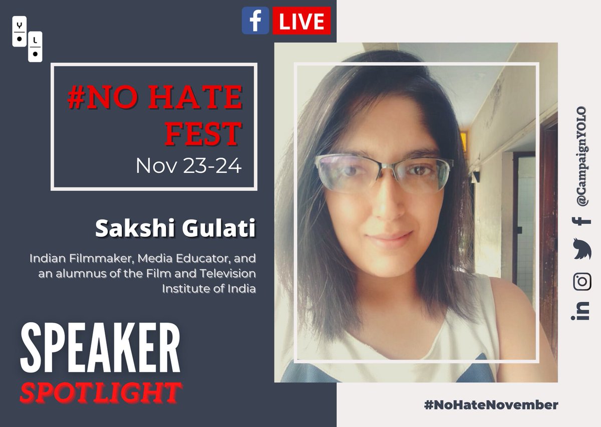 CampaignYolo's tweet photo. Ms. Sakshi Gulati is a Indian Filmmaker, Media Educator, and an alumnus of the Film and Television Institute of India. She will be gracing our #NoHateFest with her presence and shed light on the trends underlying the spread of #OnlineHate! 
#OnlineSafety #NoHateNovember https://t.co/62ZNOwmsfb