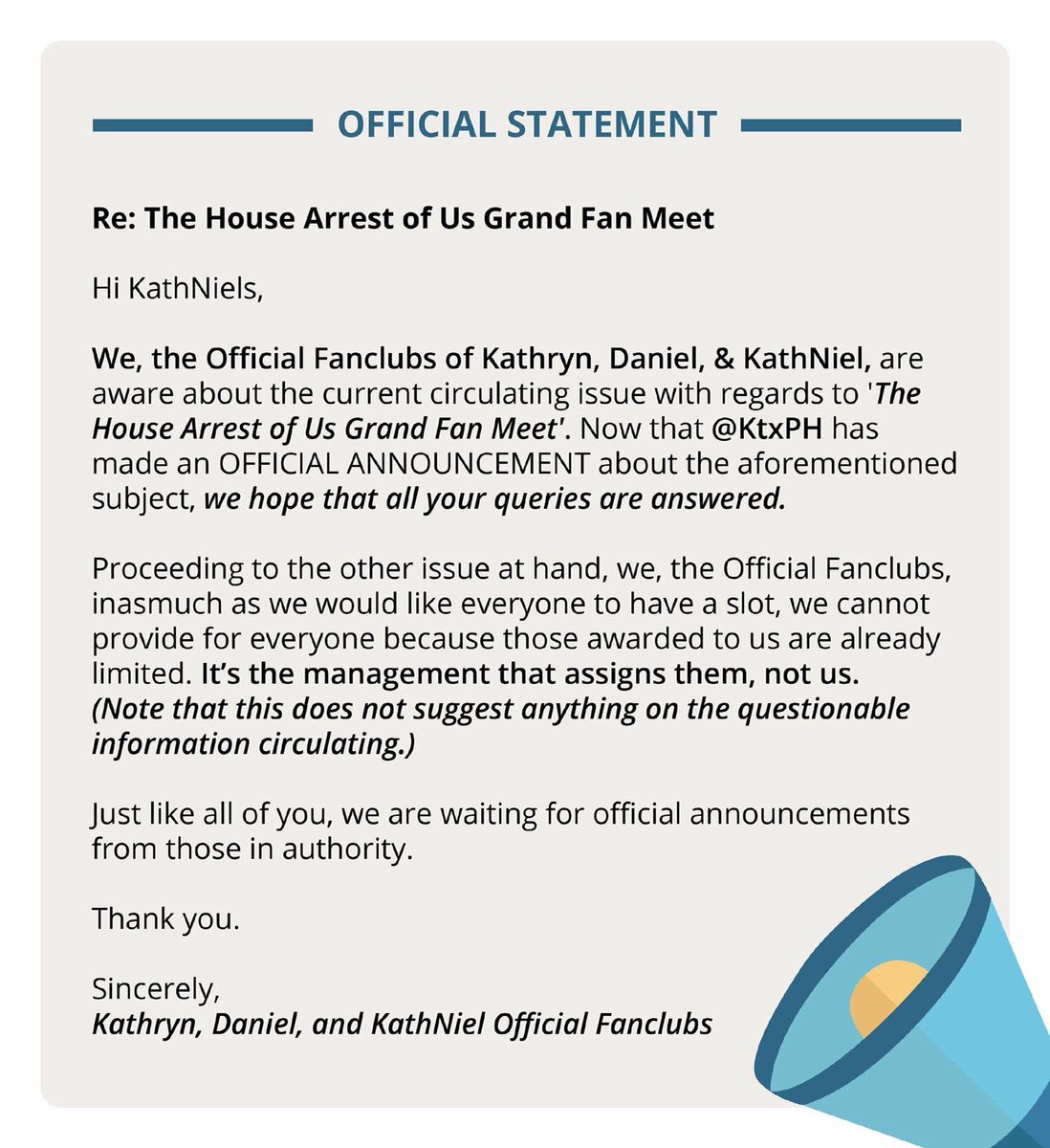 KathDevotees's tweet photo. Hello, we're aware of the issue about the THAOU Grand Fan Meet circulating on twitter. We cannot answer all your questions at the moment as we don't hold any information about it. Please wait for Star Cinema's announcement. 

May we ask to please not spread false info. Thank you. https://t.co/zoXwjR16Hh