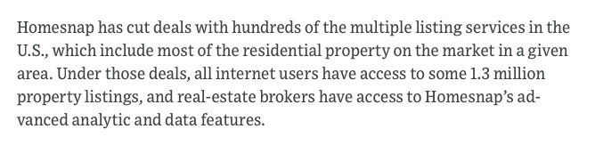 sbierb's tweet photo. CoStar acquisition of Homesnap is incredibly smart. Immediately gets CoStar access to every partner MLS and tour data from hundreds of thousands of agents, two of the hardest data sets to access. https://t.co/TjUhPCGzl6 https://t.co/ui9EV5jjtN