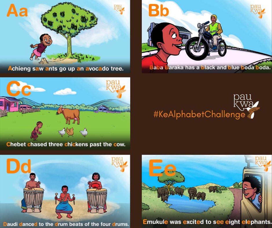 paukwa's tweet photo. We’ve got an interesting challenge for you!
We’d like you to come up with alternative versions of the #KeAlphabet sentences that we shared last week. Swap out the names and objects we used with other Kenyan or African ones that you know. https://t.co/0zFRrclrKl