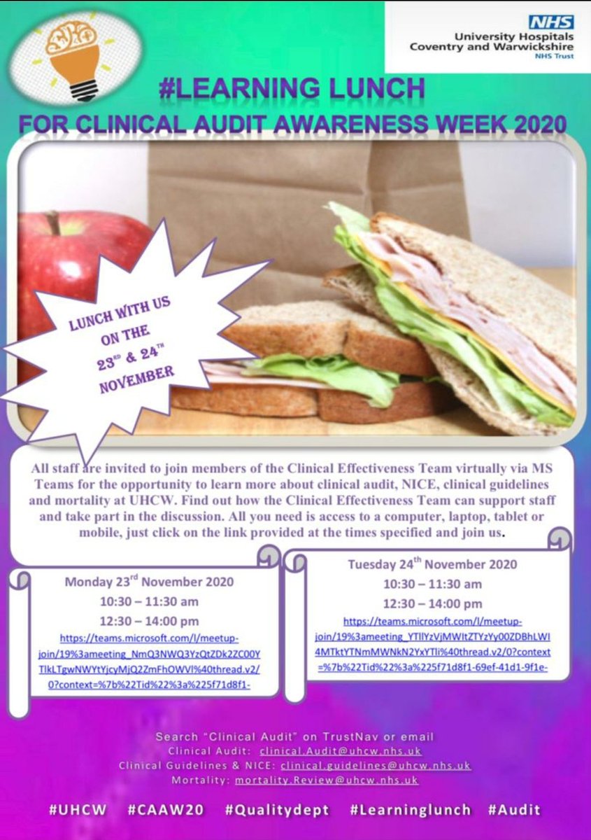 Join members of the Clinical Audit & Effectiveness Team over lunch to find out more about #clinicalaudit #NICE #Mortality and #clinicalguidelines @nhsuhcw as part of Clinical Audit Awareness Week 2020 #CAAW20 Just click on the link below and join us online via MS Teams!