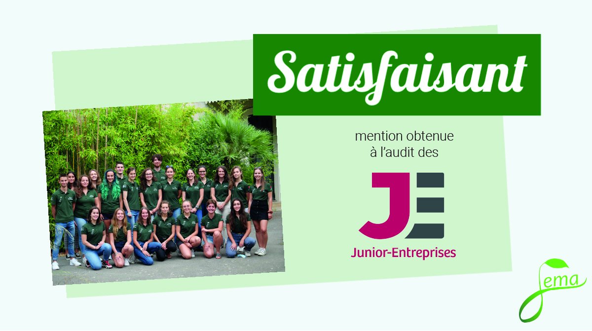 JEMA Junior Entreprise (@jemamontpellier) on Twitter photo C’est avec une grande fierté que nous vous annonçons que la JEMA a obtenu la meilleure mention possible lors de notre audit annuel, la mention ☀️ SATISFAISANTE ☀️ !
Cela récompense l’excellent travail fourni par nos Junior-Entrepreneurs. 👏
#WeAreJE C’est avec une grande fierté que nous vous annonçons que la JEMA a obtenu la meilleure mention possible lors de notre audit annuel, la mention ☀️ SATISFAISANTE ☀️ !
Cela récompense l’excellent travail fourni par nos Junior-Entrepreneurs. 👏
#WeAreJE