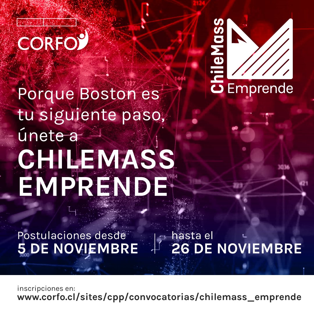 Inscríbete en #ChileMass Emprende para internacionalizar tu emprendimiento tecnológico desde Boston. Aprovecha esta oportunidad, donde podrás vincularte con los actores más relevantes del ecosistema. Infórmate en bit.ly/3p37YJw

<a href="/ChileMass/">ChileMass</a>